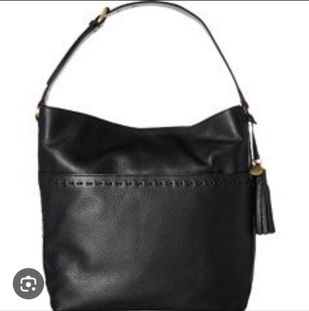 COLE HAAN Pebbled Black Leather Hobo Satchel Large Shoulder Bag Tassel & Brass